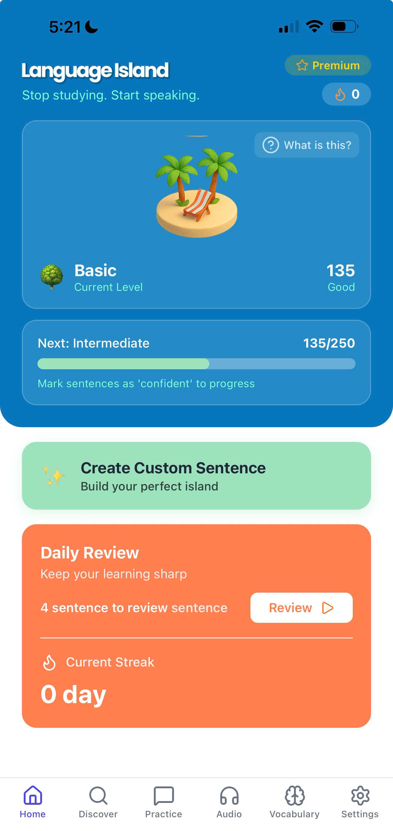 Language Island App Home Screen